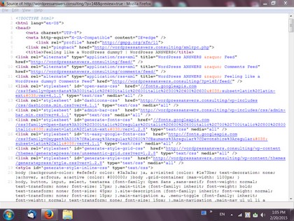 Screenshot of the source html and php code for a WordPress webpage
