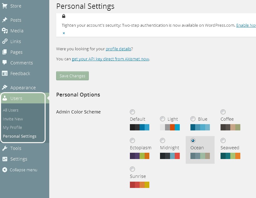 Screenshot of a WordPress,com dashboard, showing the Users/Personal Settings page