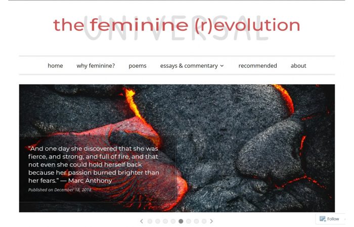 karinswann.life home page, showing title "the feminine (r)evolution" superimposed over the word "universal, and a slideshow image of hot lava, with a quote from Marc Anthony about the passion and strength of women