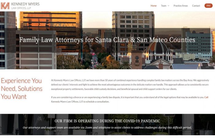 Website Home page of Kennedy Myers Family Law Offices in San Jose, CA