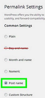 The different permalink options, with the default Day and name option crossed out, and the Post name option selected instead