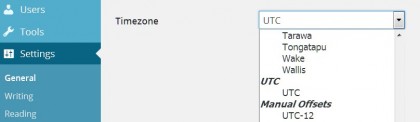 Timezone dropdown menu showing place names above the UTC options