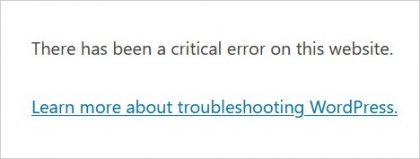 White page with the message "There has been a critical error on this website" and a link to "Learn more about troubleshooting WordPress."